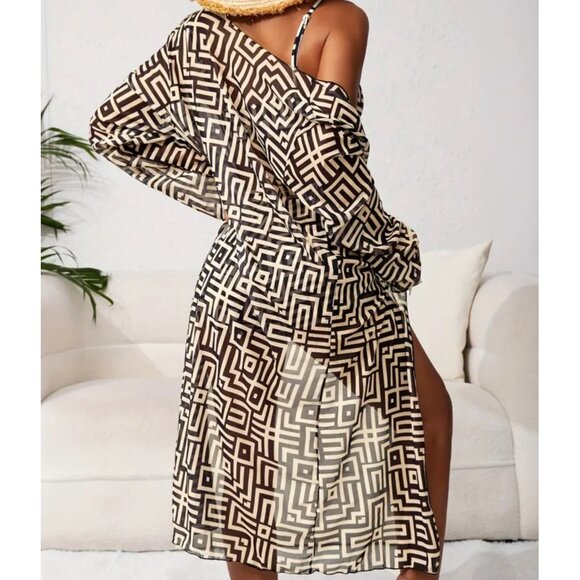 New 3-Piece Womens Geometric Print Bikini Set With Long Sheer Cover-Up XL - Picture 2 of 4